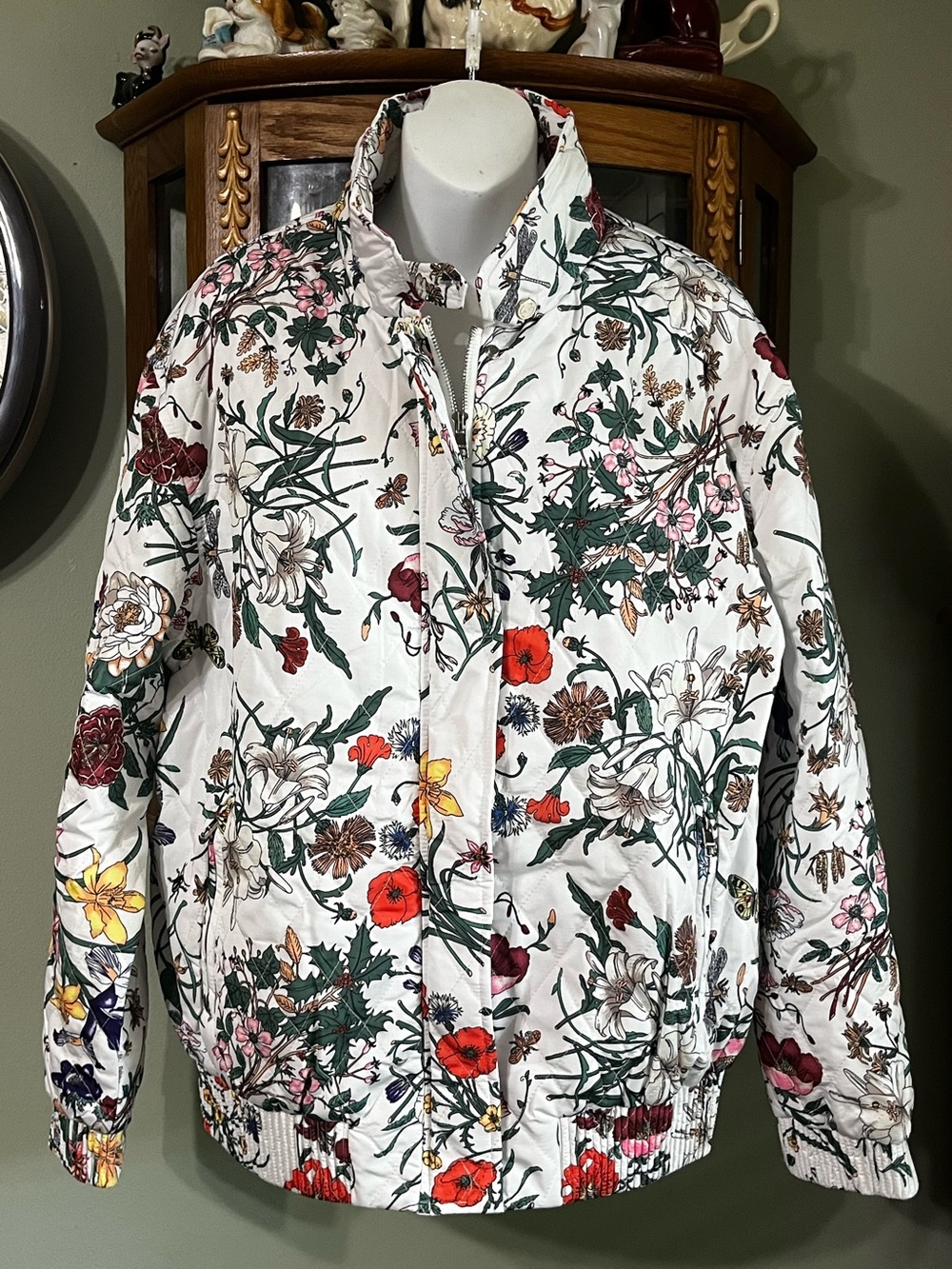 Double G Designer White Floral Flora. Quilted Lightweight Bomber Style Jacket